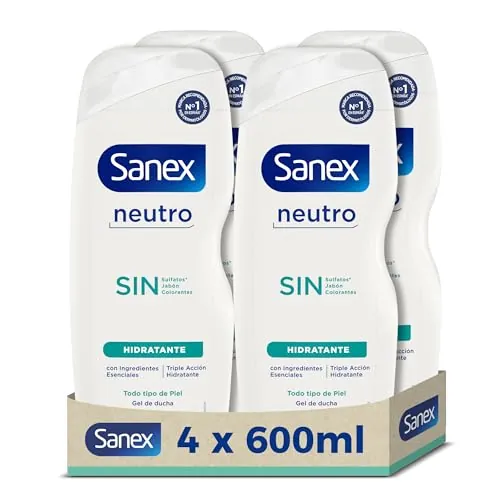 Sanex Gel de Ducha Neutro Hidratante (4x600 ml), con ingredientes esenciales, 0% sulfatos*, 0% jabón y 0% colorantes, para todo tipo de piel, hidratación duradera, tecnología triple acción