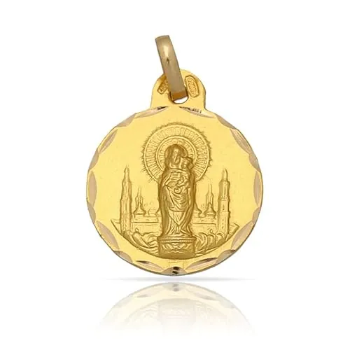 Minoplata Medalla Religiosa Virgen del Pilar, Plata de Ley 925 Chapada en Oro, 17mm, Circular, Borde Tallado, con Argolla