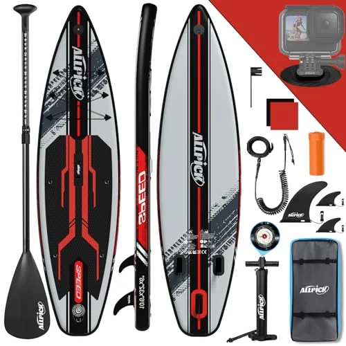 ALLPICK Tabla Paddle Surf Hinchable, Stand Up Paddle Board Sup, Tabla Padel Surf 320 cm, Soporte Universal para Cámara, Paleta Ajustable, Principiantes y Avanzados 200kg, Rojo