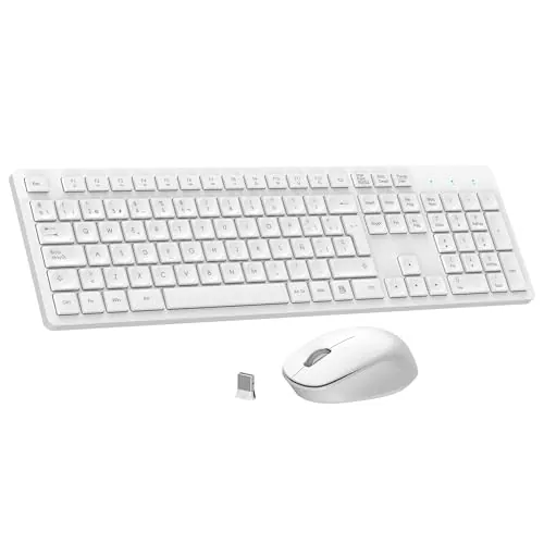 LeadsaiL Teclado y Raton Inalámbrico, Teclado y Raton Inalambrico Ergonómico, Español QWERTY, Tamaño Completo con Teclado Numérico, Receptor USB 2.4 GHz for Mac, PC, Ordenador Portátil-Blanco