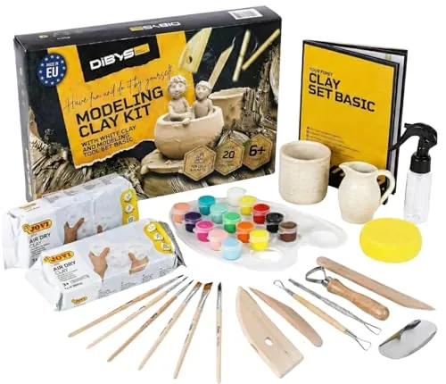 DIBYS Kit Arcilla Secado Al Aire Blanca Juego Alfarería con Herramientas de Modelado, Arcilla Blanca, Pinturas y Pinceles Kit Manualidades Adultos Kit de Cerámica para Modelar