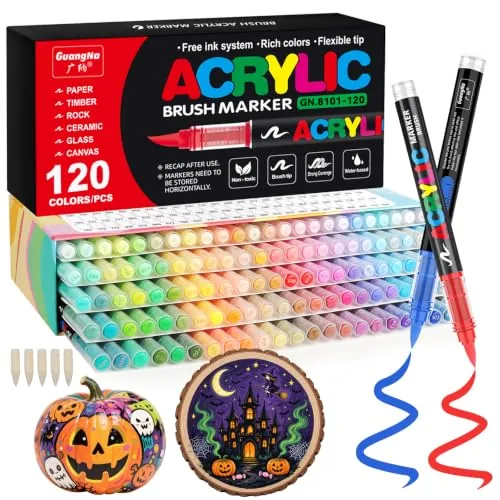 Funnasting 120 Color Rotuladores Acrilicos, Cabeza de Cepillo Suave Rotulador Acrilico, Marcadores Acrílicos para Colorear Vidrio, Pinturas Rupestres y Artículos de Artes y Oficios de Bricolaje