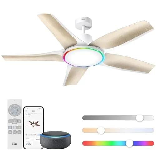 Dreo ventilador de techo inteligente de perfil bajo con luz 132 cm, LED regulable con temperatura de color ajustable, iluminación ambiental RGB, motor CC silencioso, instalación fácil, APP, blanco