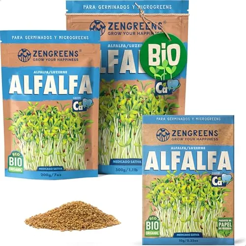 ZenGreens® - Semillas de alfalfa ecológico - Elija entre 10g, 200g y 500g - brotes de lucerna - germinación de más del 97% - Microgreens