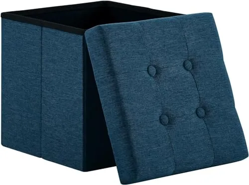 Madera Nieve Banco con Almacenamiento, Banco Acolchado, Taburete, baúl con Capacidad de Carga de hasta 300 kg, 38 x 38 x 38 cm (Lino) (Azul Marino)