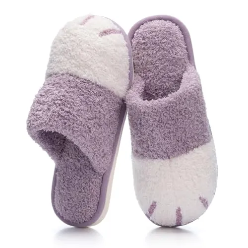 GOEWY Zapatillas de Casa para Mujer Invierno - Pantuflas Abrigadas con Diseño de Huellitas de Gato, Suela Antideslizante de Espuma Viscoelástica - Ideal para Mujeres, Mamá o Novia Morado 38/39