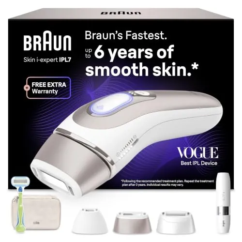 Braun Depiladora Luz Pulsada Skin i·expert Smart IPL, PL7249, Blanco/Bronce | Alternativa a Depiladora Laser, Eliminación del Vello en Casa, Funda, 3 Cabezales, Maquinilla Venus Y Miniafeitadora Facial