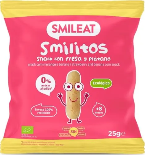 Smileat Smilitos Ecológicos de Fresa y Plátano, 25 g | Snack crujiente con maíz y aceite de oliva virgen extra, recomendado para peques a partir de 8 meses