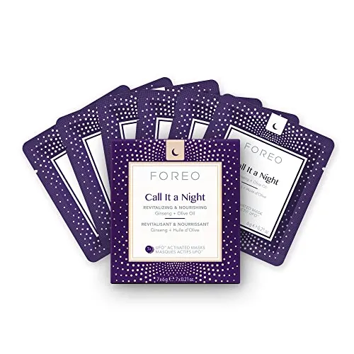 FOREO UFO Call it a Night, mascarilla facial activa para piel seca y envejecida, pack de 7, revitaliza y nutre, ginseng y aceite de oliva, cruelty free, compatible con todos los dispositivos UFO
