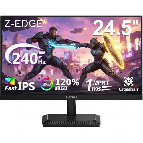 Z-Edge Monitor Gaming 24,5 Pulgadas, Pantalla PC Ordenador 240 Hz, Panel IPS, MPRT de 1 ms, Monitor LED Full HD, Brillo de 350 CD/m², FreeSync, HDR10, HDMI y DP, VESA Compatible