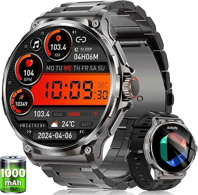 Reloj Inteligente Hombre con 1000mAh Batería, 1.92" AMOLED, 5ATM Impermeable Smartwatch Militar con Llamadas, 120+ Modos Deportivos, 24/7 Pulsómetro/Sueño/Podómetro Pulsera Actividad Android iOS Negro