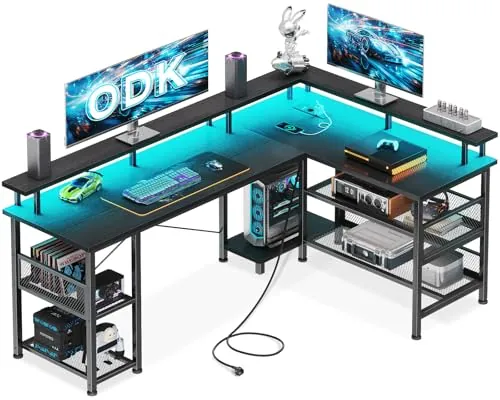 ODK Escritorio Gaming en L con LED y Estantes, 150x102cm, Negro