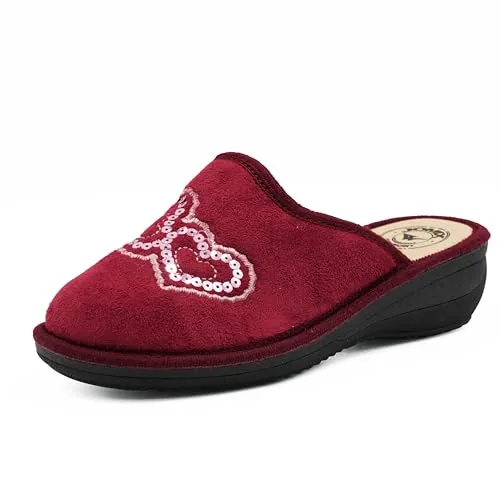 JOMIX Zapatillas Casa Mujer Invierno con Cuña Fabricadas en Italia Pantuflas Mujer Cuña con Lentejuelas de Corazón ITD2154-5, Rojo, 40 EU
