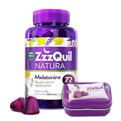 ZzzQuil Natura Gummies de Melatonina 1mg con Valeriana, Complemento Alimenticio para dormir sabor Frutos del Bosque, 72 Gummies y Cajita de Viaje