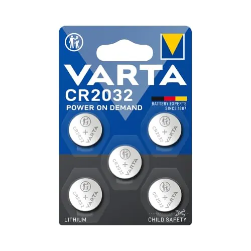 VARTA Pilas de Botón CR2032 de litio, paquete de 5, Power on Demand, Lithium, 3V, embalaje seguro para niños, para dispositivos Smart Home, llaves de coche