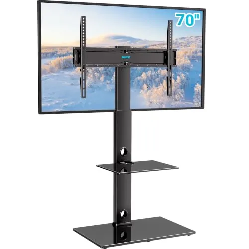 BONTEC Soporte TV Pie Universal 30-70 Pulgadas de Plasma LED OLED LCD, Ajustable en Altura, Soporte TV Suelo con Estantes de Vidrio Templado de 2 Niveles, hasta 40 Kg, VESA MÁX. 600x400 mm