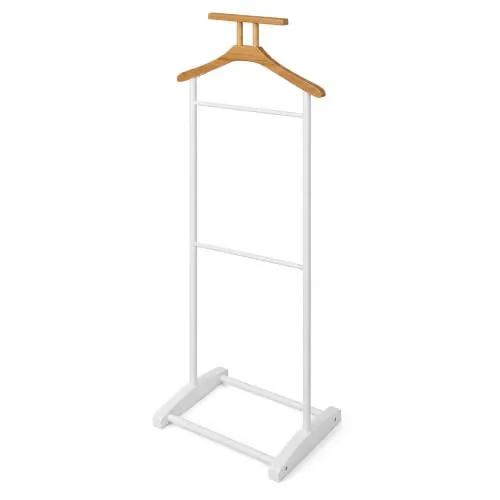 Perchero Galán de Noche de Metal Blanco con Percha de Madera 45×28×109 cm