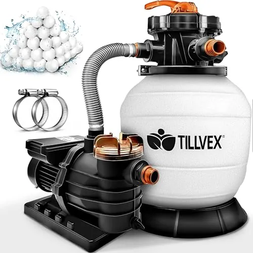 tillvex Depuradora de Agua para Piscina 10 m³/h + 800g Bolas de Filtro - 7 Funciones de Filtrado - Bomba de Filtro de Arena con Válvula (Blanco/Naranja)