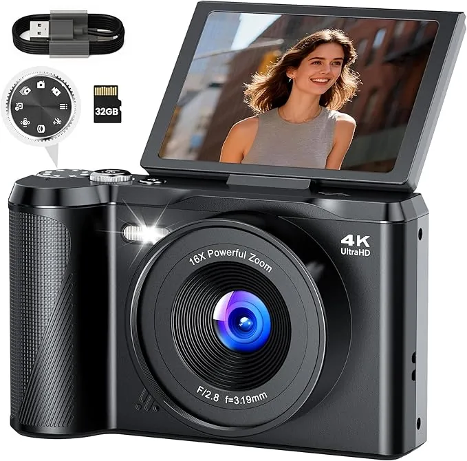 Camara de Fotos Digital 4K Profesional: 56MP Cámara Digital con Molette de Modo Pantalla Abatible 180° - Camaras Compacta con 32GB Tarjeta - 16X Zoom Camara para Principiantes Niña Niños Chico