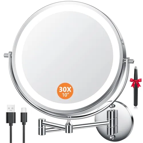 Auxmir 10″ Espejo Maquillaje con Luz 30X/1X Aumento Recargable 5000mAh Doble Cara Giratorio 360, Espejo Grande Baño Pared Brazo Extensible USB, 3 Colores Brillo Regulable Hotel, Plata(Φ 24.5cm)