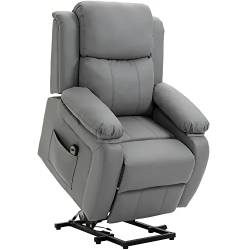 HOMCOM Sillón Relax Eléctrico Reclinable Levanta Personas Gris | Sillón Elevador Levantapersonas, Respaldo Alto, Control Remoto, Reposapiés, Acolchado, Tapizado PU, Bolsillos Laterales