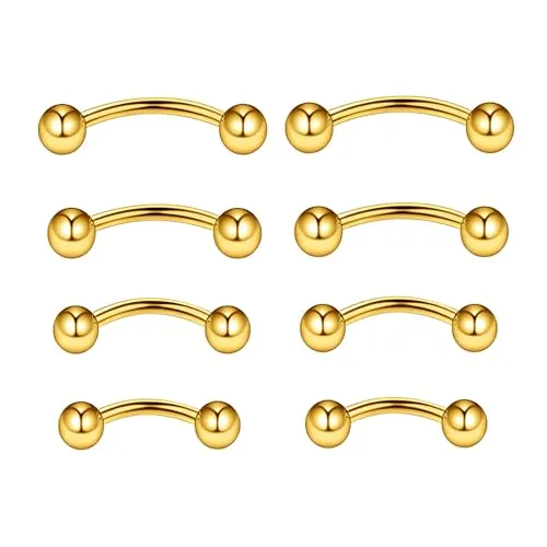 NewkeepsR 4 pares - 1,2mm Barra de Plátano Curvada doblada de titanio dorado, puente de torre Hélice Anillos para cejas Piercing labret vertical Joyería 6mm/8mm/10mm/12mm
