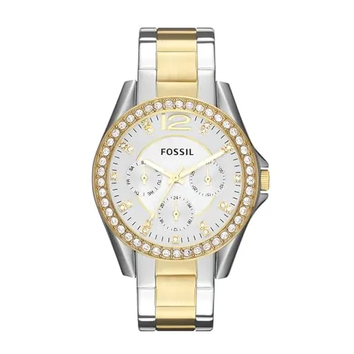 Fossil Riley Reloj para mujer, movimiento cronógrafo con correa de acero o piel, Tono plateado y tono dorado, 38MM