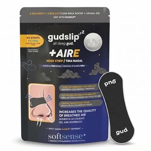 GudSlip® Tiras Nasales para Dormir Antirronquidos (30+6) - Respira Mejor, Reduce Ronquidos y Mejora tu Sueño - Ultra Cómodas, Hipoalergénicas y de Alta Adherencia