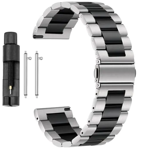 Correa de reloj Antfly de metal de 22mm, acero inoxidable, liberación rápida para hombres y mujeres - 22mm (Plateado Negro)