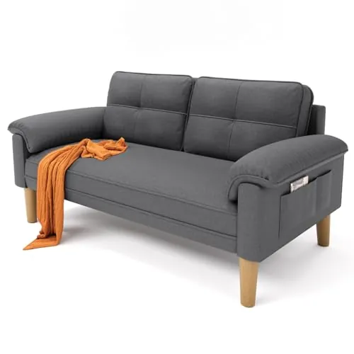 Xbro Sofá 2 Plazas con Reposabrazos y Bolsillo Lateral, Sofá Compacto de Tela para Salón, Apartamento u Oficina, Montaje Fácil, 145 x 77 x 77 cm,Gris Oscuro