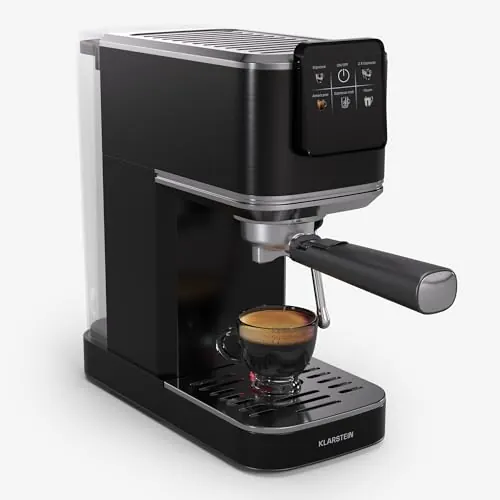 KLARSTEIN SteelPresso Slim Touch Cafetera Express – 20 Bares, 1350W, Depósito 1,2L, Boquilla de Vapor, Pantalla Táctil, Carcasa de Acero Inoxidable, Color - Negro