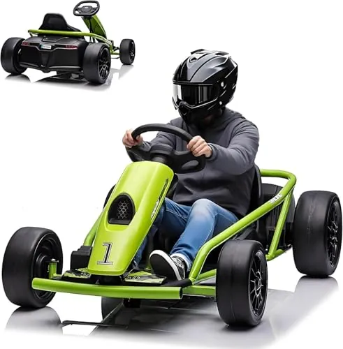 Kart de drift de alto rendimiento para niños de 8 a 12 años: motores de 24 V y 2 x 300 W, función musical, arranque suave, asiento espacioso, cinturón de seguridad, vehículo eléctrico robusto para ext
