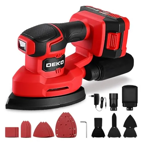 DEKOPRO 20V Lijadora Madera, Alimentada por Batería, 13000 RPM, Incluye 3 Accesorios Adicionales y 12 Hojas de Lija, Lijadora Madera Incluye Batería de 2,0 Ah y Cargador, Rojo