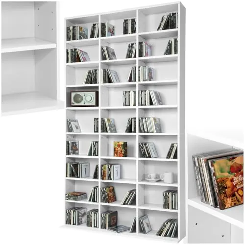 tectake® Estanteria Pared para CD/DVD, Almacenaje 1080 CDs, 27 Estantes, Fácil de Montar, Estable, Madera MDF, Metal, Estanteria Libros, Librería, Estantería de Pared, Mueble de Salon - Blanco