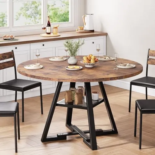 Jocoevol Mesa de Comedor Redonda para 4-6 Personas con Estante de Almacenaje, Mesa de Cocina Industrial Ahorra Espacio de Madera, Marrón Vintage, 120x120x76 cm
