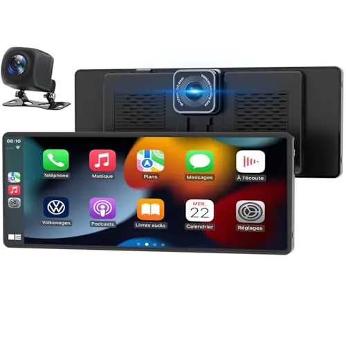 Pantalla Coche, 10.26" Pantalla Carplay Coche para Apple y Android con Cámara Trasera y Delantera HD 1080P, Navegación GPS, Sonido Premium, Control por Voz, Encendedor de Coche de Doble Puerto, AUX
