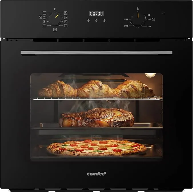 COMFEE' Horno Pizza Eléctrico Empotrable Multifunción, Convección, 1 Bandeja y 1 Rejilla, Limpieza Aquactiva, 70L, 7 Funciones, Ventilador de, Cavidad Esmaltada, Puerta Fría, CBO70M80D2-BK [Clase A]