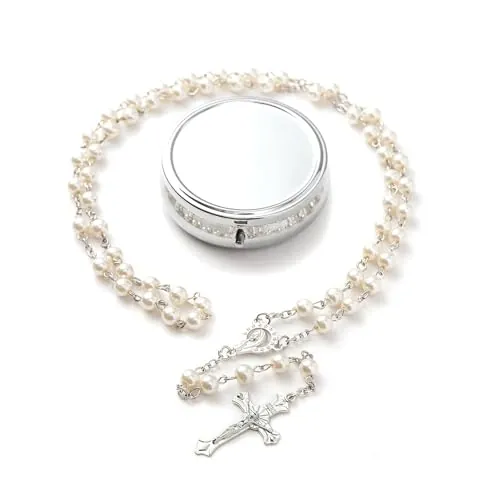 GlamRays Rosaria Beads Catholic - Regalos de confirmación para adolescentes, caja de regalo de metal de estilo simple plateado, rosario de perlas sintéticas blancas, Large, Plata