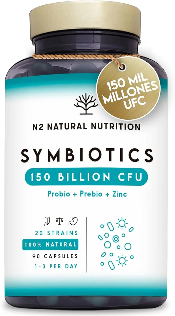 Probioticos 150 mil millones UFC y 20 Cepas. Máxima concentración de Probioticos y Prebioticos intestinales y Zinc. Terapia de choque 76 Días. Colon irritable y gases. Vegano. CE. N2 Natural Nutrition