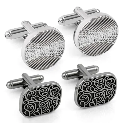 KAHZOR 2 Pares Gemelos Hombre, Gemelos Personalizados Negro y Plateado Retro, Elegantes Gemelo Clásicos para Camisa Hombre, Boda, Negocios, Fiesta de Baile