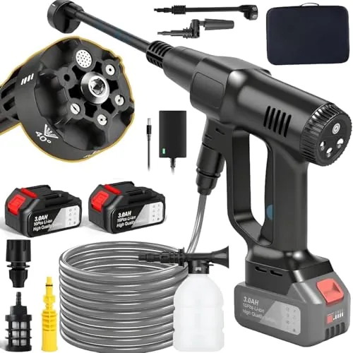 Hidrolimpiadora de Batería 100Bar, Hidrolimpiadora de Alta Presion con 6,0Ah Bateria, Boquilla 6 en 1, 3 Niveles de Presión de 60/80/100 Bar, Limpiador a Presión Portátil para Coche y Jardín (Negro)