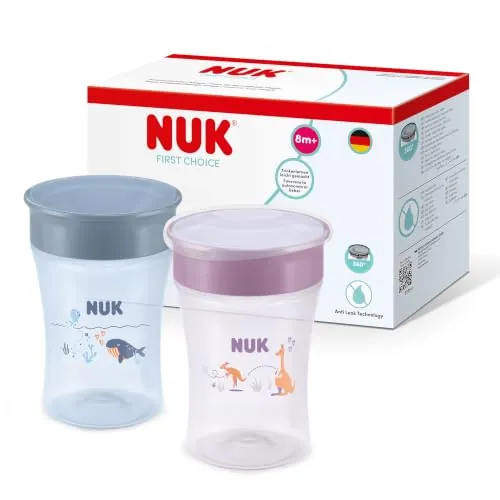 NUK Magic Cup vaso aprendizaje bebé, 8+ meses, Azul y lila, Vaso bebé 230 ml, borde antiderrame de 360°, 2 unidades