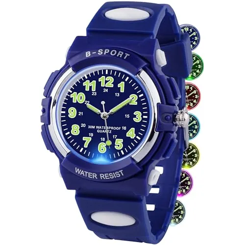 GUUMUXIN Reloj analógico para niños con luces coloridas, resistente al agua hasta 30 m, para niños y niñas, relojes deportivos al aire libre con correa de TPU para niños de 5 a 16 años, azul, Moderno