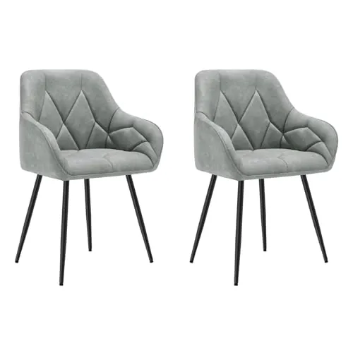 WOLTU 2X Sillas de Comedor, Sillas de Cocina con Apoyobrazos, Respaldo Comodo, con Patas Metálicas, para Salon Dormitorio y Oficina, PU Vintage,Gris，EZS03gr-2