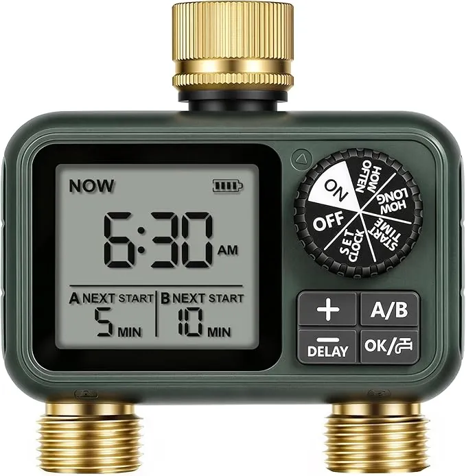 Programador de Riego de 2 Válvulas, Ordenador de Riego Automático, Temporizador para Grifo de Manguera de Jardín, Función de Retraso por Lluvia, Patio y Césped, Verde Oscuro