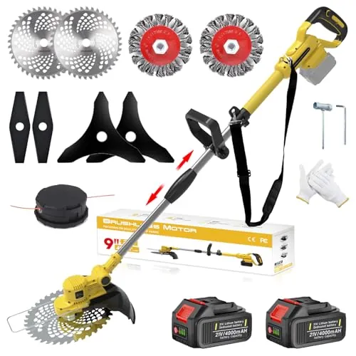 Desbrozadora Electrica 21V, Desbrozadora Batería Brushless 5 En 1 Cortabordes Bateria con 2 Baterías 4,0Ah, Cepillo de Malas Hierbas, Mango Ajustable, para Césped Jardín Poda