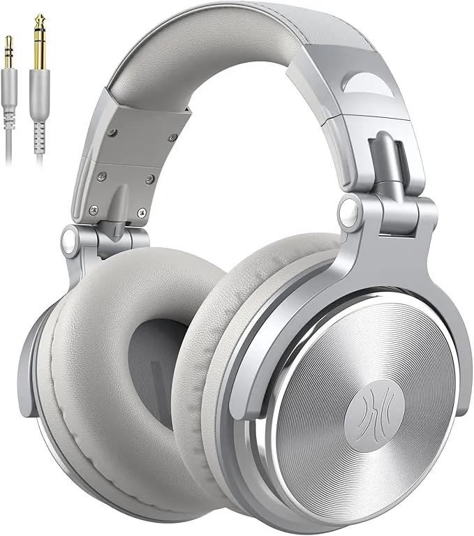 OneOdio Pro10 Auriculares DJ con Cable, Estéreo de Mezcla y Monitor de Estudio, 50mm Controladores, 3.5 y 6.35mm Conector de Audio para PC AMP Grabación de Teléfono Piano Guitarra, Gris Plateado