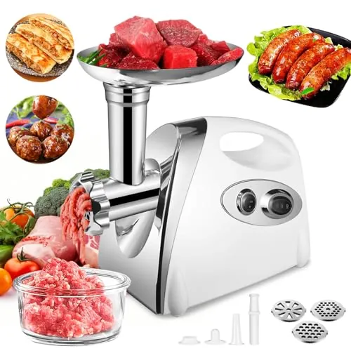 SINZUX Picadora Eléctrica de Carne y Salchichas, Picadora de Carne de 2800 W con Rotación Hacia Delante y Hacia Atrás, con Juego de Kubbe para Hacer Salchichas (Blanco)