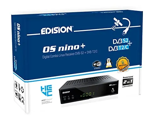 Receptor Edision OS Nino+ Full HD Linux E2 Combo - H.265/HEVC (1 DVB-S2, 1 DVB-T2/C, WLAN, Bluetooth, 2 USB, HDMI, LAN, Linux, Lector de Tarjetas), Color Negro
