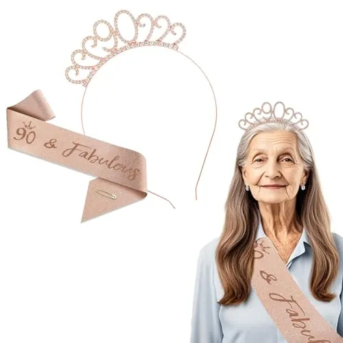 KOQAIIZ Diadema y corona para cumpleaños mujer, 90 años, oro rosa, decoración para tartas, regalo de 90 cumpleaños para mujer